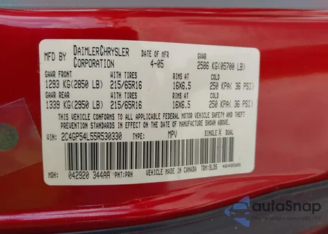 2005 Chrysler Town & Country Touring из США, поврежденный, VIN 2C4GP54L55R530330